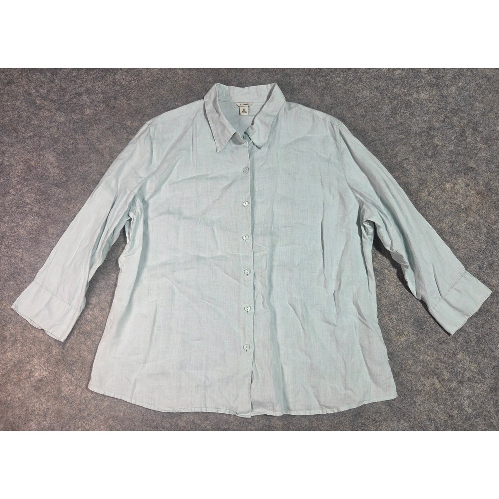 LL Bean Womens XL Light Blue 100% Linen 3/4 Sleeve Button Down Shirt 280381